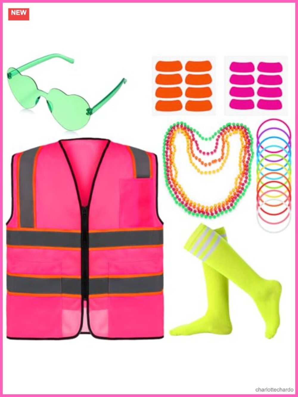 Neon Football Game Outfit Set: Vest, Glasses, Necklaces, Bracelets, Socks & Eye